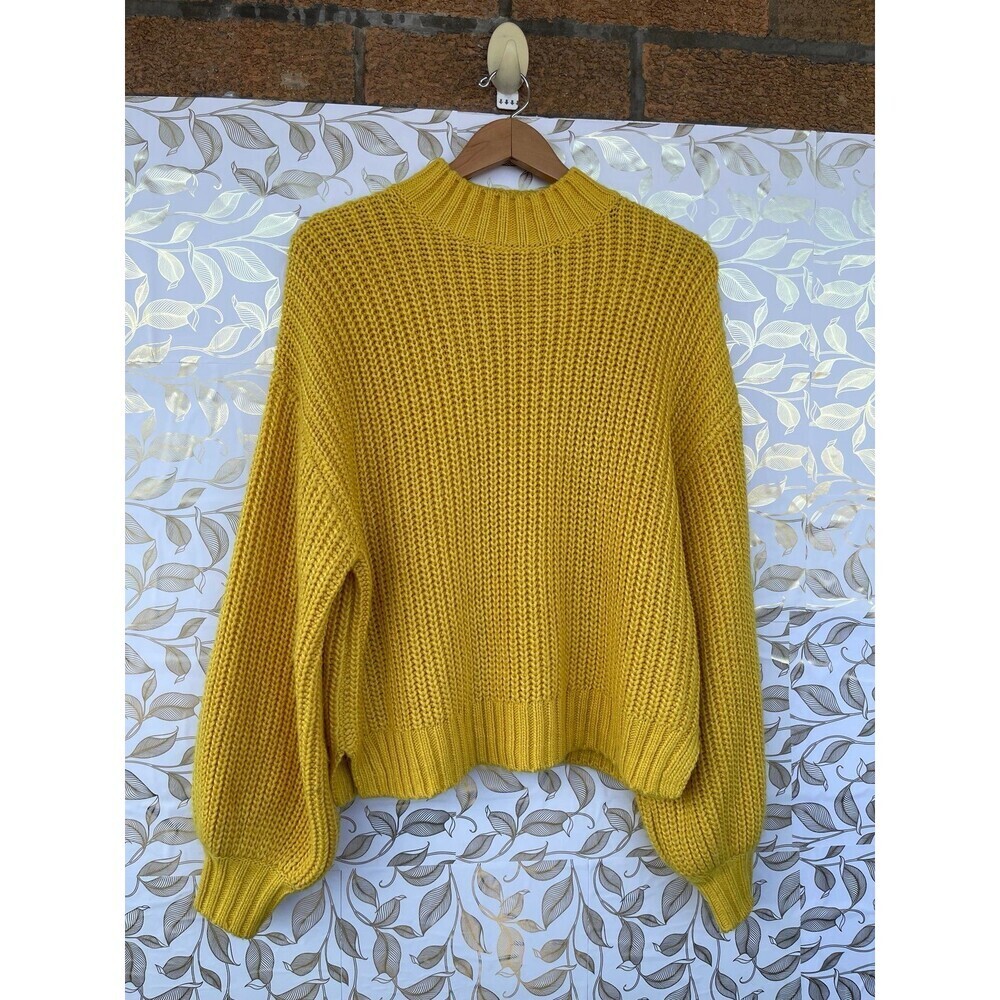Cinq à Sept Yellow Balloon Sleeve Sweater M | Chunky Knit Mock Neck size medium